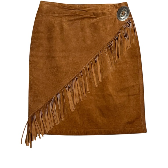 Vintage Western Cognac Brown Suede Fringe Skirt genuine Leather Silver Concho - Picture 2 of 7